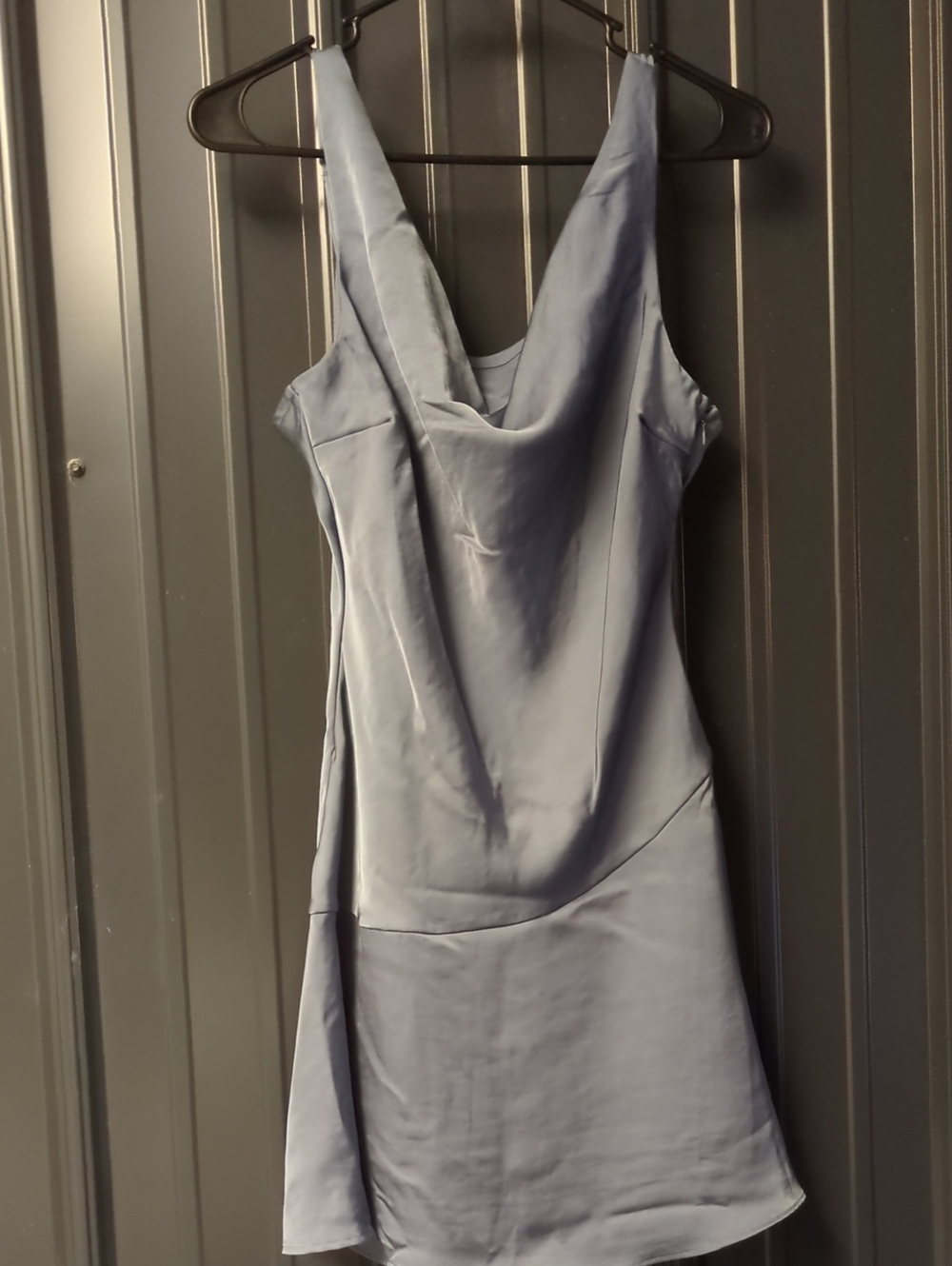 Metallic Blue Cowl Front Mini Dress